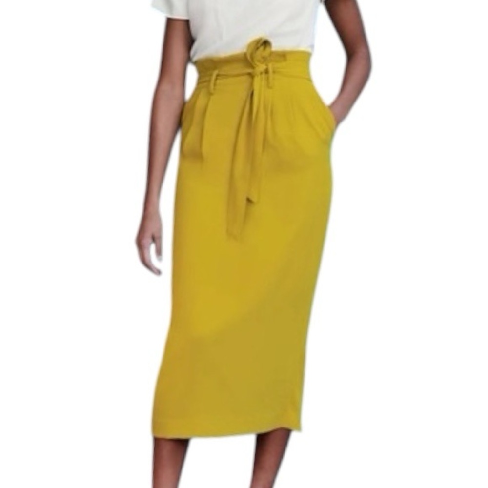 BODEN Melina Paperbag Tie Belt Pleated Midi Pencil Skirt Size 8 Chartreuse NWOT